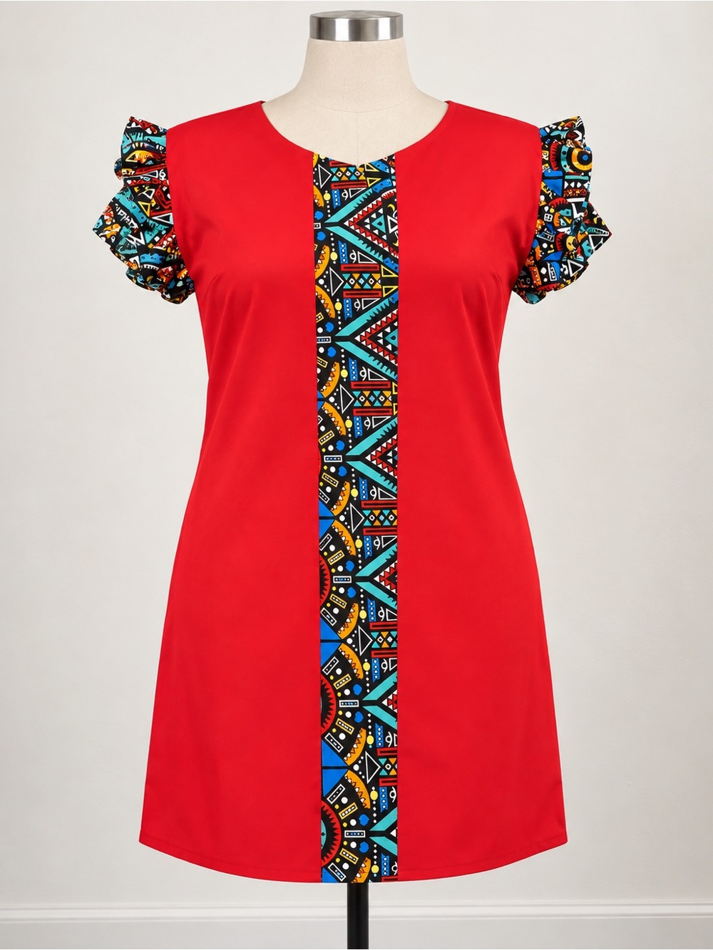 Red Women's Short Sleeve dress with Patterned Center Panel